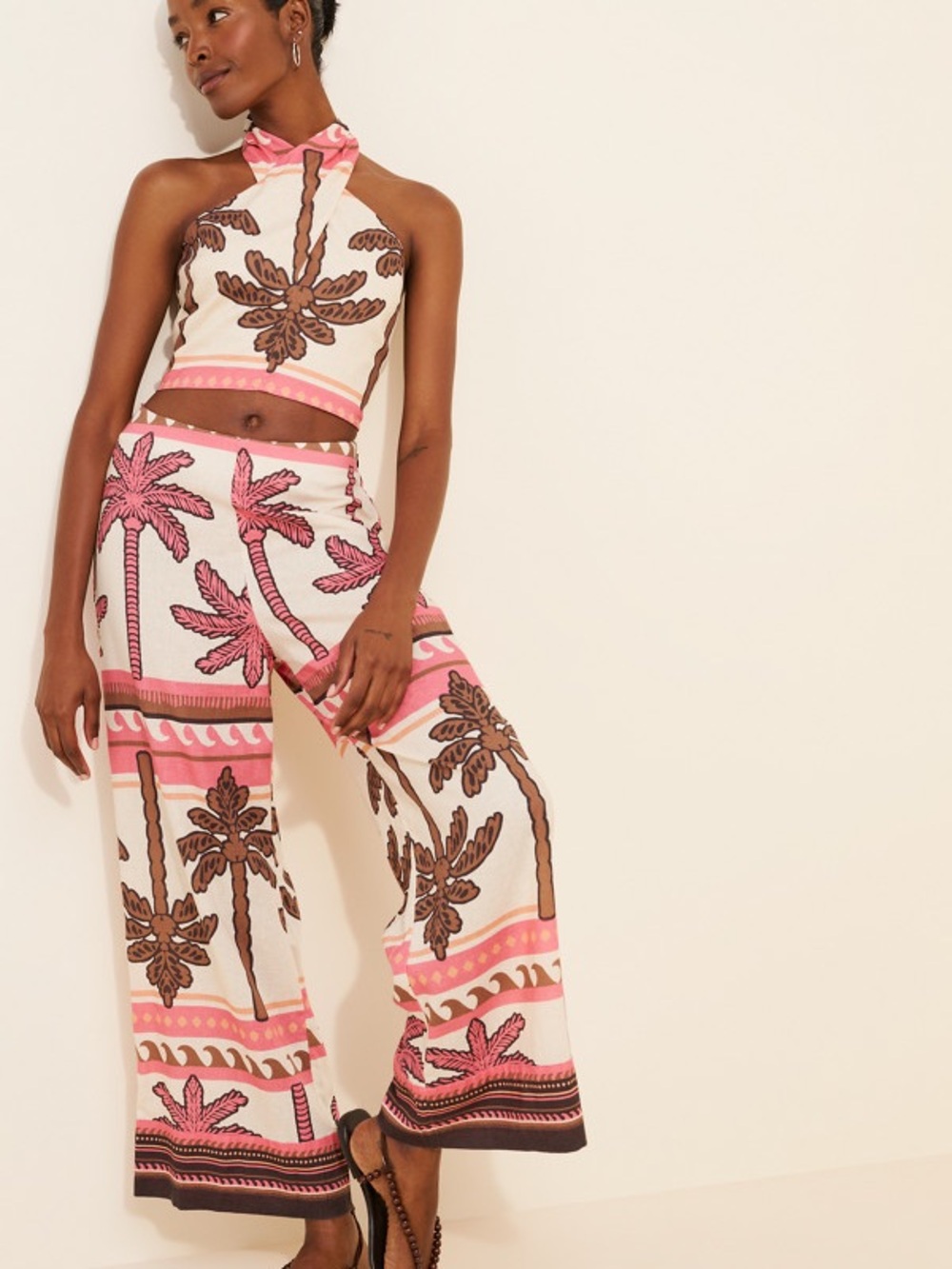 Marine Layer Pink & Cream Palm-Print Wide-Leg Pants